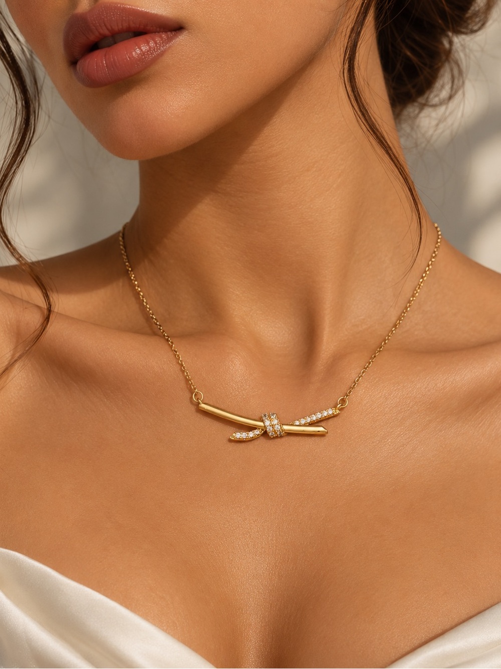 Elegant Gold Knot Bar Necklace with Crystal Accents